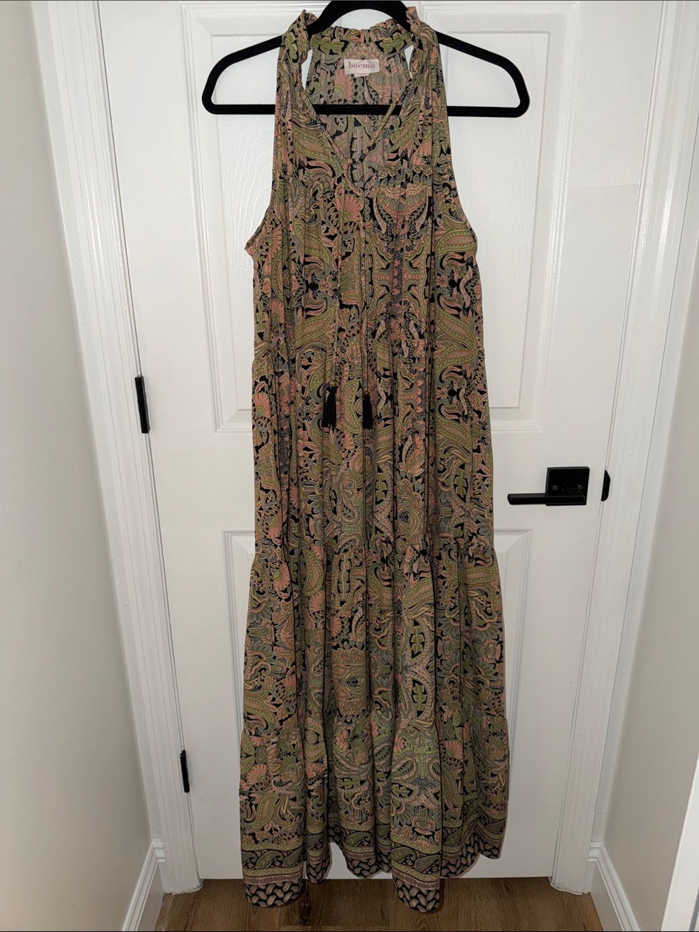 Boho Halter Paisley Maxi Dress in Olive and Pink